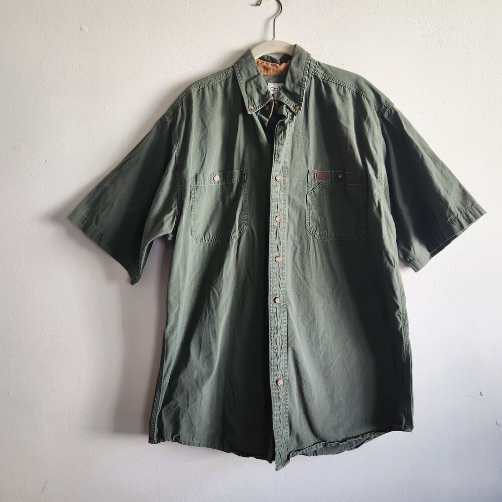 Carhartt Men's Short Sleeve Button Front Work Shirt Green Large Tall 100% Cotton